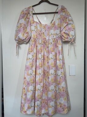 For Love & Lemons Floral Midi Dress in Pink, Yellow, Cream